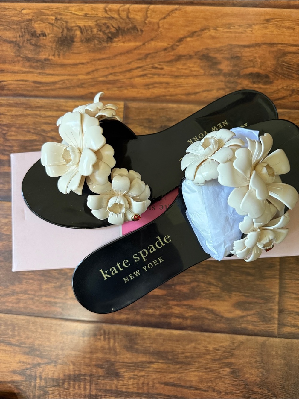 kate spade black sandals with ivory floral appliqués